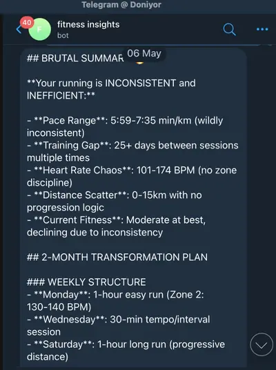Telegram chat with FitFlow: a structured summary of running data and a two-month training plan