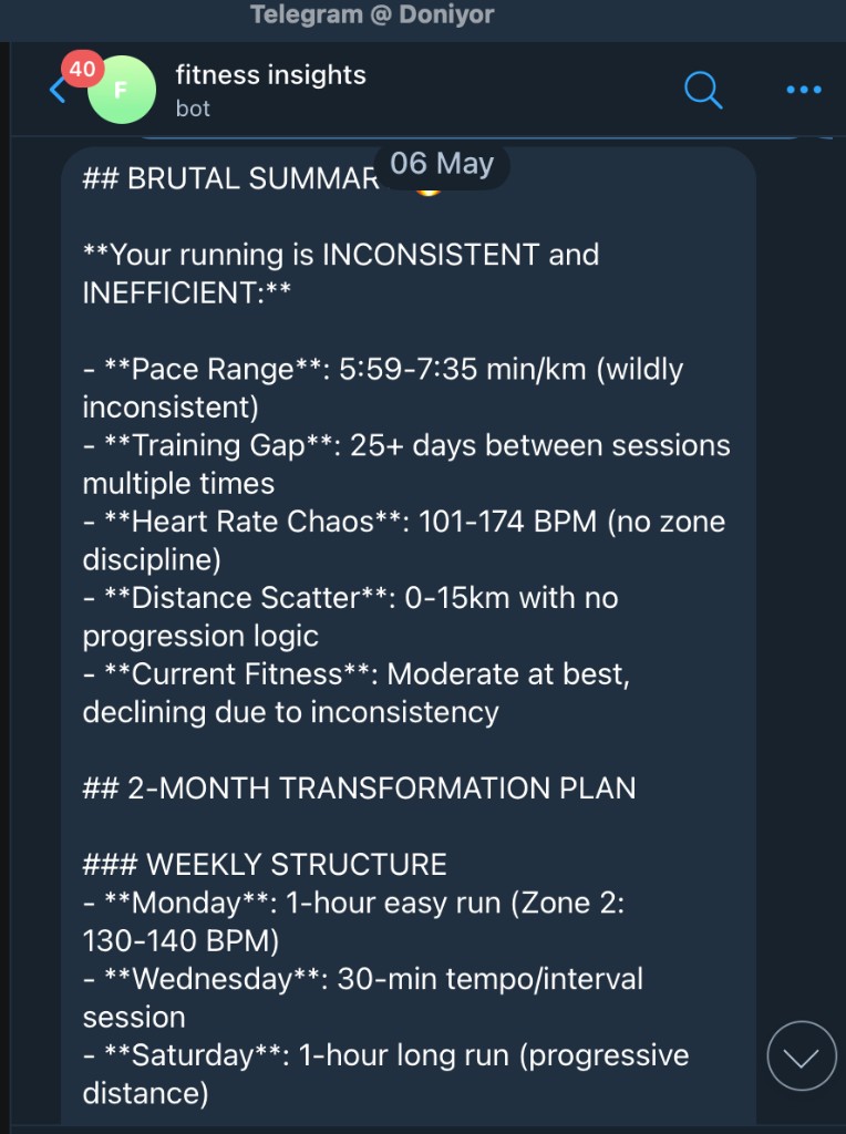 Telegram chat: bot reply with workout summary and a two-month training plan